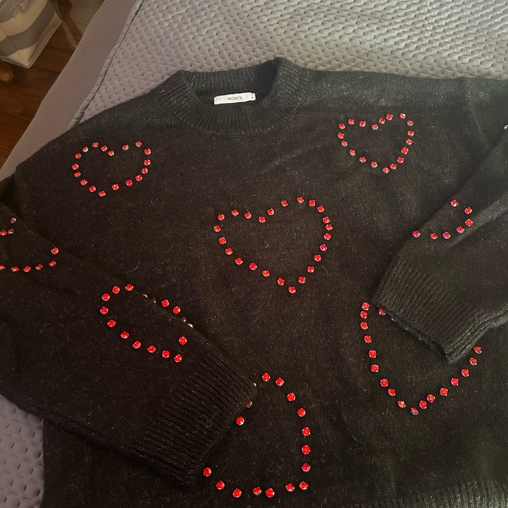 Ricki's Black Knit Sweater with red crystal hearts Valentine’s Day